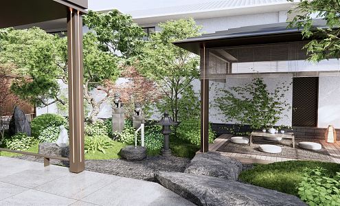 New Chinese Style Courtyard Villa Courtyard Garden Zen Dry Landscape Flowers and Plants Shrubs Green Planting Landscape Trees Pavilion Tea Table Landscape Stone Water Bowl 3d model