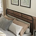Modern Bedroom Interior With Black Metal Bed Frame Gray Beige Pillows And Botanical Paintings