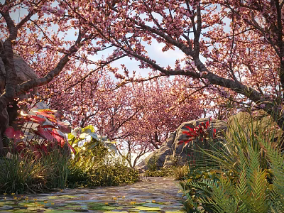 Blooming Cherry Tree With Pink Blossoms Interlacing Branches Garden Pathway Stones And Greenery 3d model