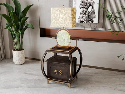 Circular Wooden Nightstand With Leopard Print Lamp And Green Plant Near Decorative Painting 3d model