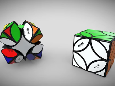 Multicolored And White Puzzle Cubes With Geometric Patterns And Colorful Sections 3d model