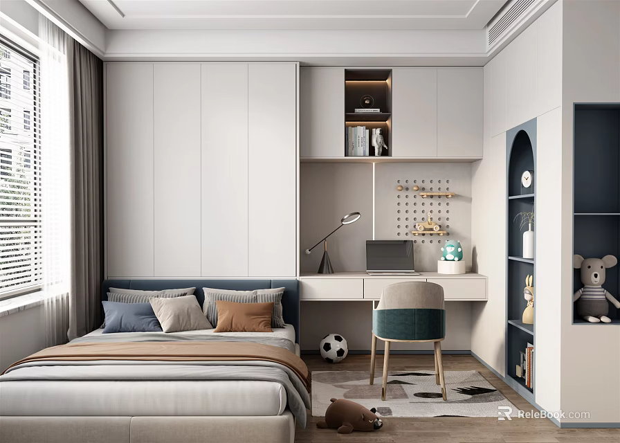 Tatami Bedroom Interior Design With Platform Bed Built in Storage Cabinets And Cozy Decor 3d model 