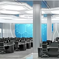 Modern Monitoring Room Interior Setup With Workstations Computer Monitors Office Chairs And Large Display Wall