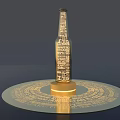 Bottle Shaped Art Installation With Text On Body And Circular Golden Base 3d model