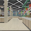 Modern Supermarket Grocery Store Interior With Shelves Colorful Promotion Signs and Healthy Food Section