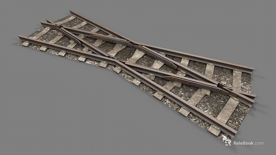 Railroad Tracks Crossing With Wooden Ties And Gravel On Gray Surface 3d model 