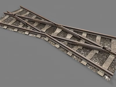 Railroad Tracks Crossing With Wooden Ties And Gravel On Gray Surface 3d model