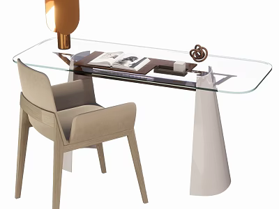 Modern Glass Top Desk With Beige Chair Open Book And Golden Table Lamp 3d model