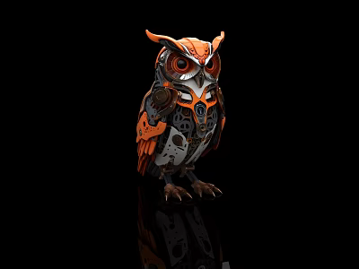 Mechanical Owl with Intricate Gear Details Orange and Black Metallic Feathers Against Black Background 3d model