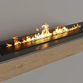 Modern Linear Fireplace With Burning Flames And Black Mantel Wooden Base Interior Design