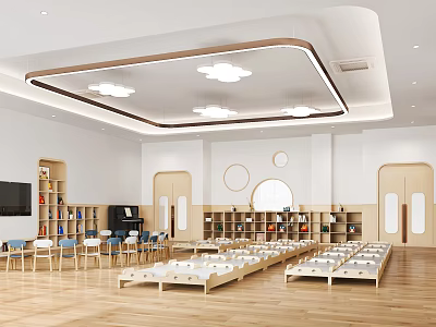 Modern Kindergarten Interior With Small Beds Bookshelves Piano Wooden Floors And Cloud Shaped Lights 3d model
