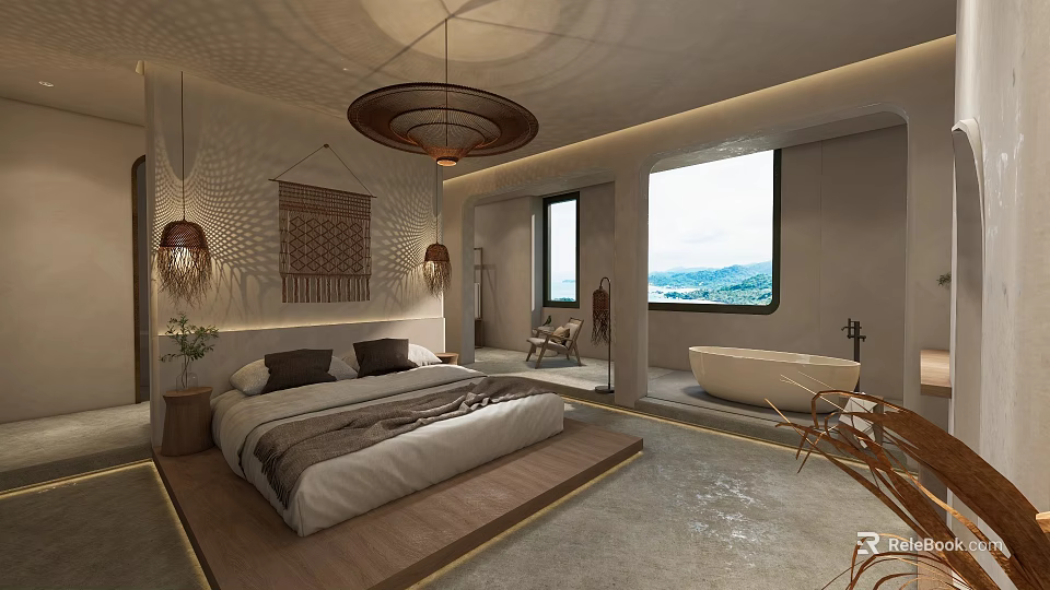 Hotel Guest Room Featuring Wooden Platform Bed White Bedding Freestanding Bathtub and Sea View Window 3d model 