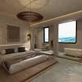 Hotel Guest Room Featuring Wooden Platform Bed White Bedding Freestanding Bathtub and Sea View Window