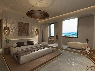 Hotel Guest Room Featuring Wooden Platform Bed White Bedding Freestanding Bathtub and Sea View Window 3d model
