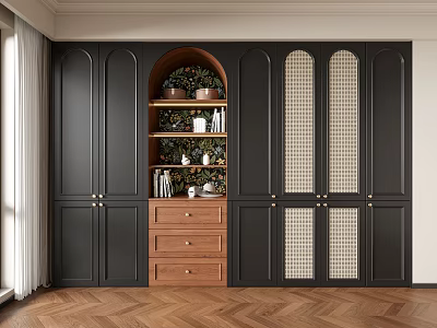 Elegant Modern Black Wardrobe Design With Arched Open Shelves Wooden Drawers And Lattice Glass Doors 3d model
