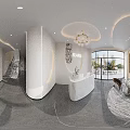 Modern Beauty Salon Interior With White Reception Desk Round Sofa Area And Wooden Shelves