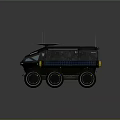Futuristic Six Wheeled Off Road Vehicle With Black Camouflage Yellow Cylindrical Component And Roof Equipment