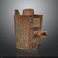 Abstract Rustic Textured Sculpture With Colorful Square Elements And Protruding Opening