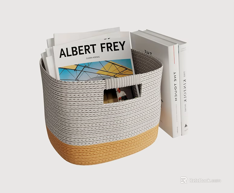 Woven Storage Basket with Gray Orange Two Tone Design and Books Inside 3d model 