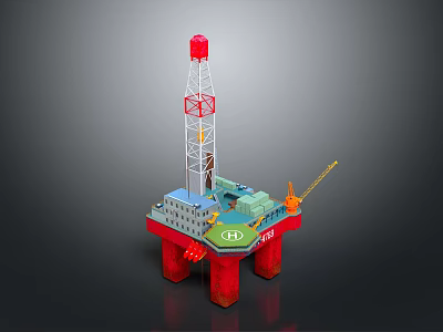 Red Offshore Drilling Platform Structure With Tall Drilling Tower And Deck Crane 3d model