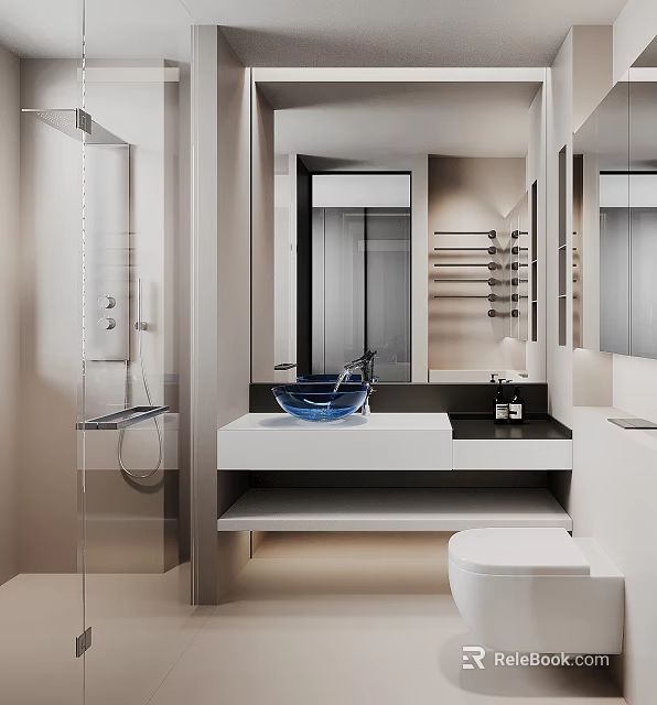 Modern Bathroom Interior Design With Glass Shower Blue Basin Vanity Mirror And Toilet 3d model 