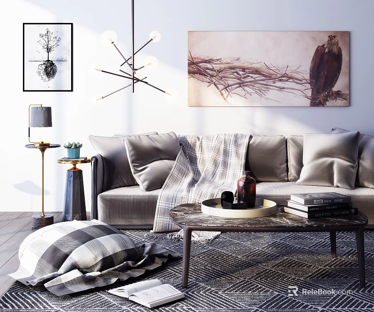 Modern Gray Sofa Coffee Table Set With Pillows Blanket Decorative Items And Books 3d model