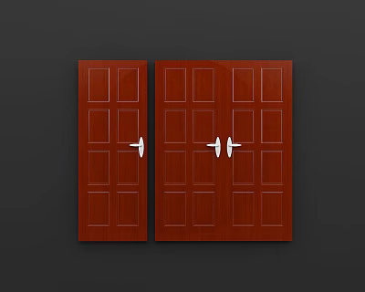 Red Wooden Double Doors With Glass Panels And Metal Handles 3d model