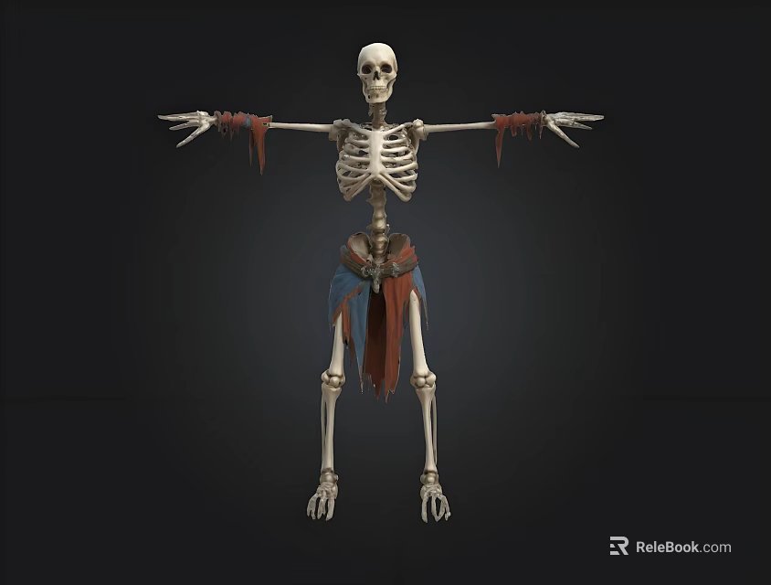3D Skeleton Model With Outstretched Arms And Cloth Strips On Dark Background 3d model 