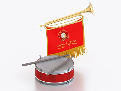 Golden Trumpet Red Drum with Drumsticks Decorative Banner and Tassel Art Supplies 3d model