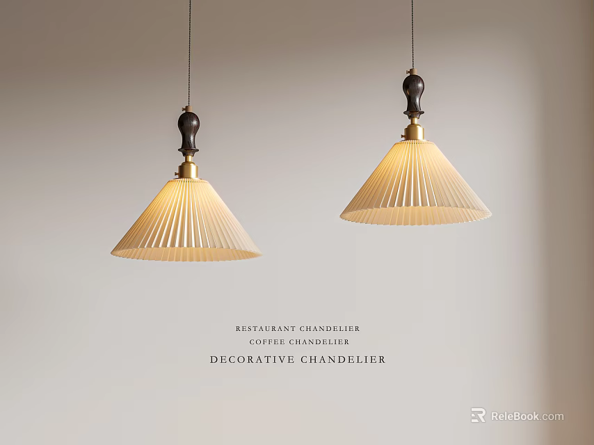 Decorative Restaurant Chandelier With Wooden Accents Metal Base And Pleated Shade 3d model 