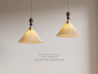 Decorative Restaurant Chandelier With Wooden Accents Metal Base And Pleated Shade 3d model