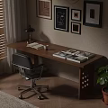 Wooden Desk With Table Lamp Books Magazines Office Chair Decorative Frames And Potted Plant