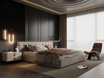 Modern Bedroom With Dark Wall Wavy Ceiling U Shaped Lights And Floor to Ceiling Windows 3d model