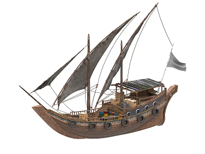 Classic Wooden Ship With Multiple Sails Cabin Flag And Round Portholes 3d model