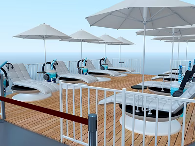 Industrial Marine Vessel Deck With White Sunshades Railings Wooden Flooring And Lounge Chairs 3d model