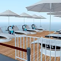 Industrial Marine Vessel Deck With White Sunshades Railings Wooden Flooring And Lounge Chairs