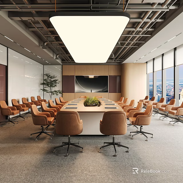 Modern Conference Room Interior With Large Meeting Table Ergonomic Chairs And City View Windows 3d model 