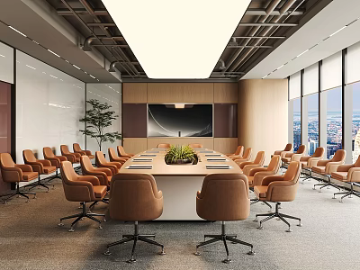 Modern Conference Room Interior With Large Meeting Table Ergonomic Chairs And City View Windows 3d model