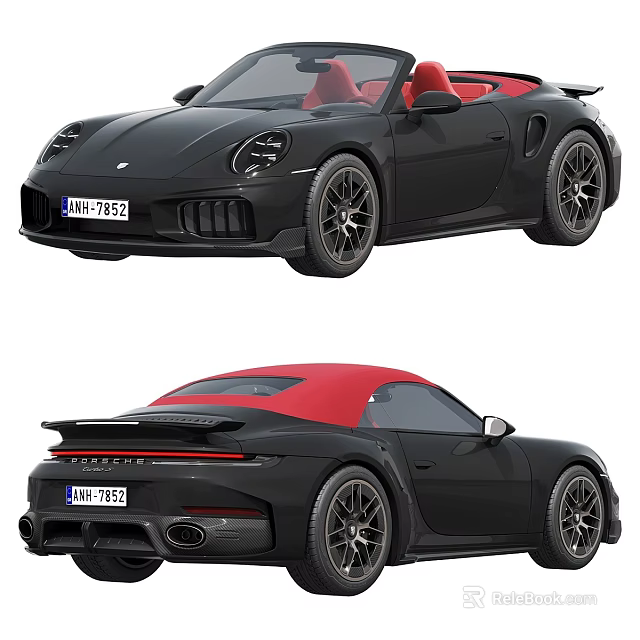 Sleek Black Convertible Sports Car With Red Soft Top And Red Interior Design 3d model 