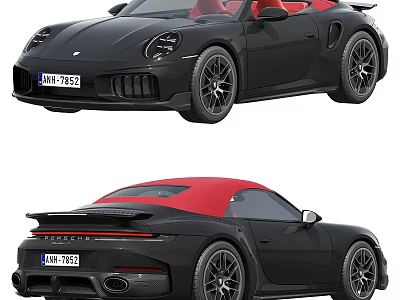Sleek Black Convertible Sports Car With Red Soft Top And Red Interior Design 3d model