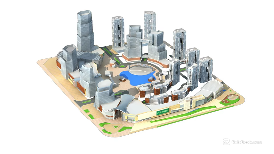 Modern Urban Commercial Street with Tall Buildings Central Round Plaza and Green Spaces 3d model 