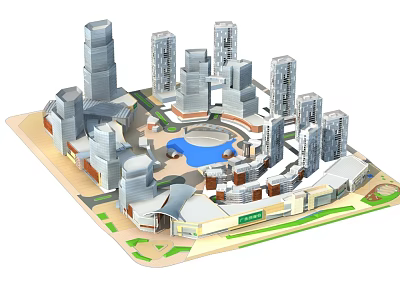 Modern Urban Commercial Street with Tall Buildings Central Round Plaza and Green Spaces 3d model