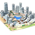 Modern Urban Commercial Street with Tall Buildings Central Round Plaza and Green Spaces