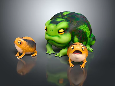 3D Frog Characters With Large Green Frog And Two Small Orange Frogs On Reflective Surface 3d model