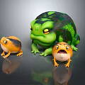3D Frog Characters With Large Green Frog And Two Small Orange Frogs On Reflective Surface 3d model