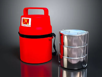 Red Thermal Container With Handle And Silver Stackable Multi Layer Lunch Box 3d model