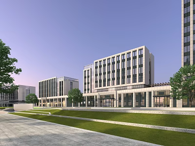 Modern Office Buildings Featuring Large Glass Windows And Green Landscaping In Spacious Plaza 3d model
