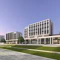 Modern Office Buildings Featuring Large Glass Windows And Green Landscaping In Spacious Plaza