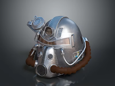 Metallic Tactical Weapon Helmet With Top Device Transparent Visor Communication Device And Brown Hose 3d model