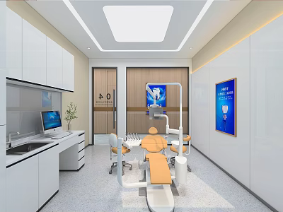 Modern Dental Clinic Interior With 4.0 Sign White Cabinets Treatment Chair And Blue Poster 3d model
